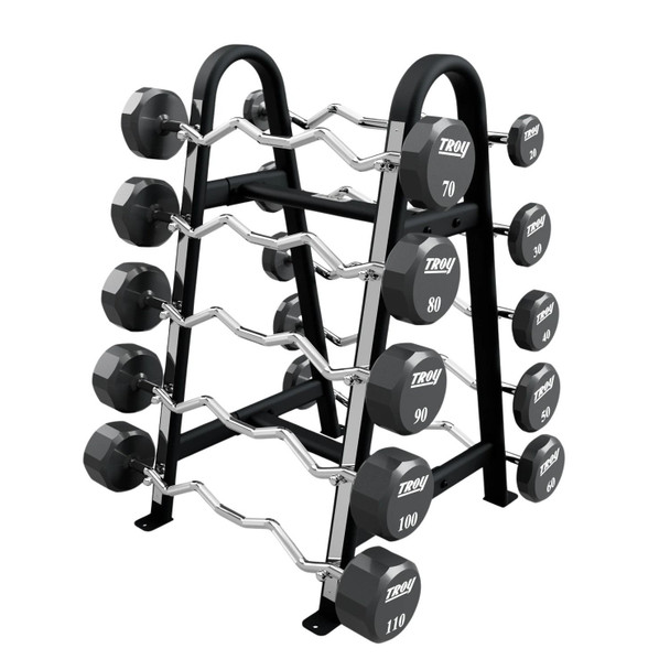 Troy 20-110 lb Fixed Urethane Barbells & Rack - EZ Curl Bars w/ Black Matte Rack