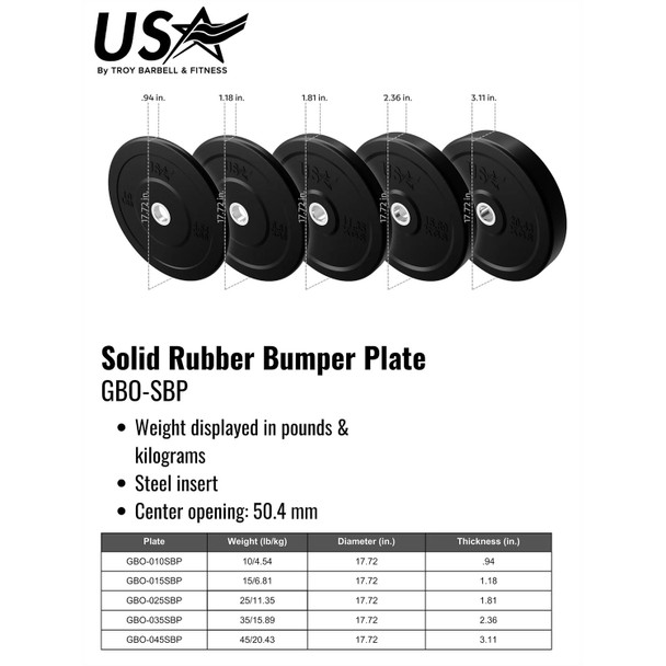 Troy USA Sports Solid Rubber Bumper Plates - Dimensions & Specifications