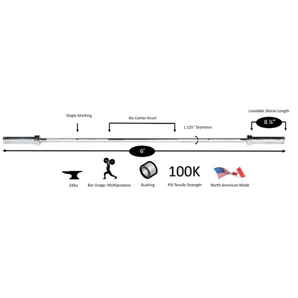 York (32114) 6' Hard Chrome Olympic Bar - Dimensions & Specifications