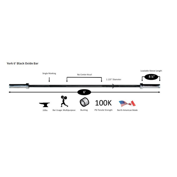 York Barbell (32122) 6' Black Oxide Olympic Bar - Dimensions & Specifications