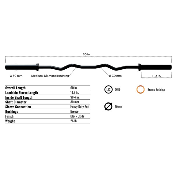 Troy (TOZ-60B) 5' Black Olympic Curl Bar - Dimensions & Specifications