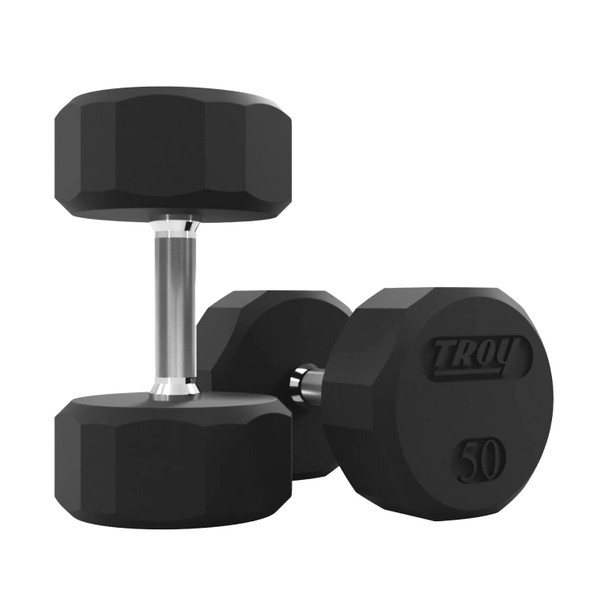 Troy 5-75 lb 12-Sided Rubber Dumbbells & Rack - 50 lb Dumbbells