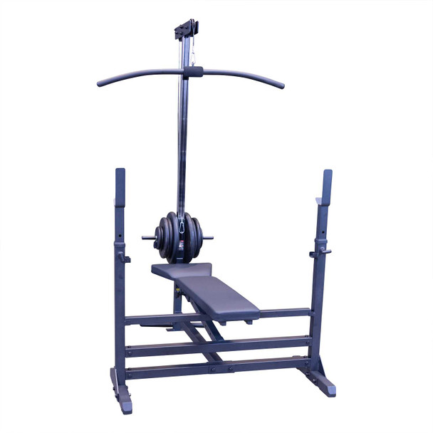 Body-Solid PowerCenter Combo Bench w/ Lat Option & Weight Plates - Rear View