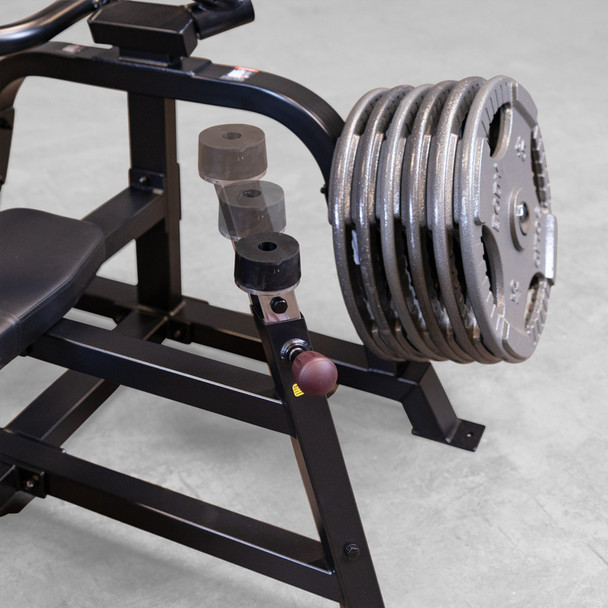 Body-Solid Leverage Press Frame Showing Adjustable Arm Stop