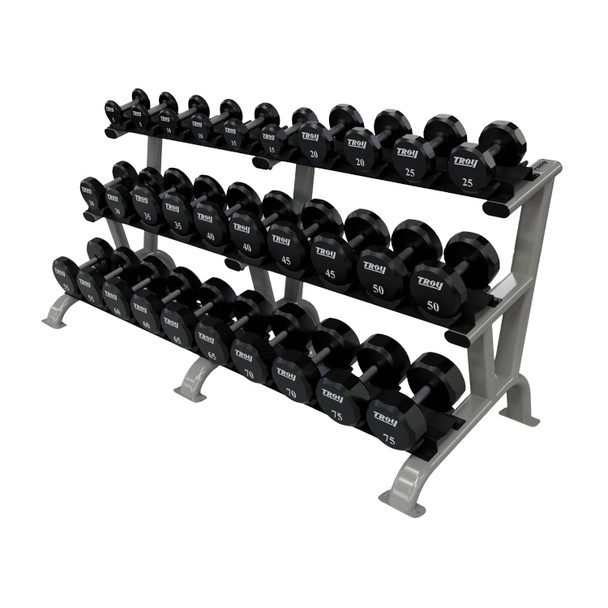 Troy 5-75 lb Urethane Dumbbell Set w/ Rack - Silver Rack