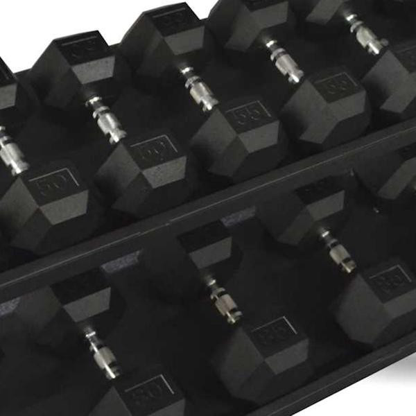Inflight 5-50 lb Rubber Hex Dumbbells & Rack - Dumbbells Close View