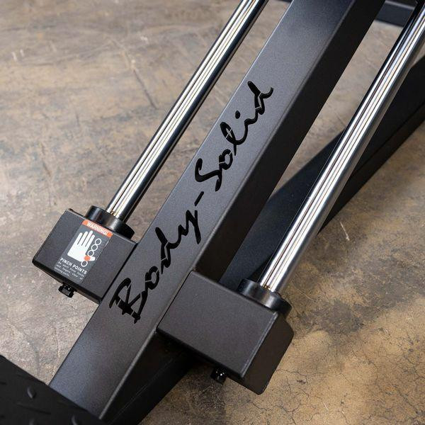 Body-Solid Linear-Bearing Leg Machine Showing Chrome Guide Rods