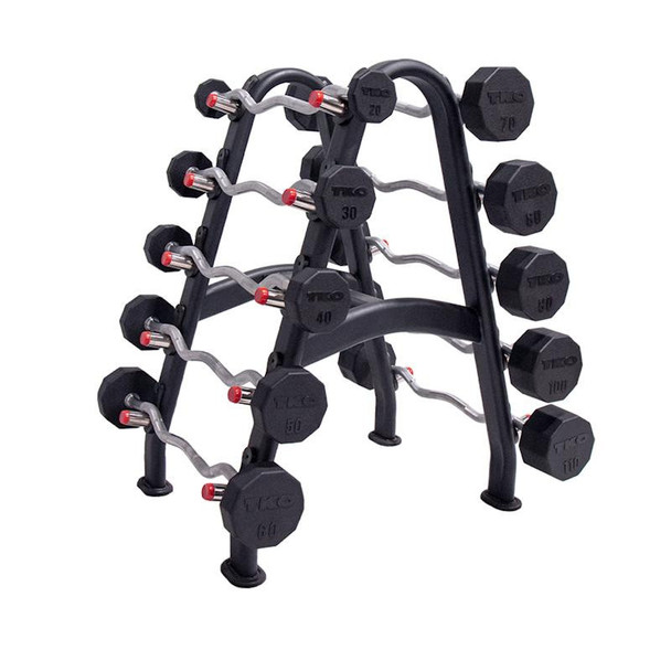 TKO 20-110 lb Fixed Rubber Barbells & Rack - Angled View