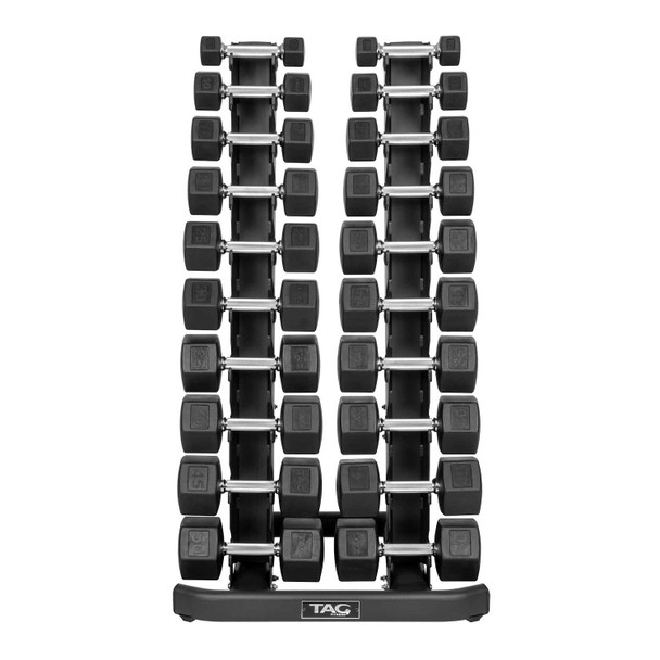 TAG Fitness 10-Pair Vertical Dumbbell Rack w/ Optional Hex Weights - Front View
