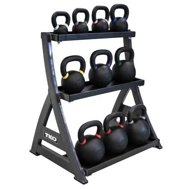 TKO (856KR) 3-Tier Kettlebell Rack w/ Optional Weights - Angled View