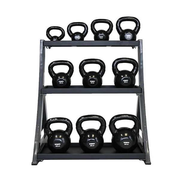 TKO 5-50 lb Vinyl Kettlebell Set with Three-Tier Storage Rack