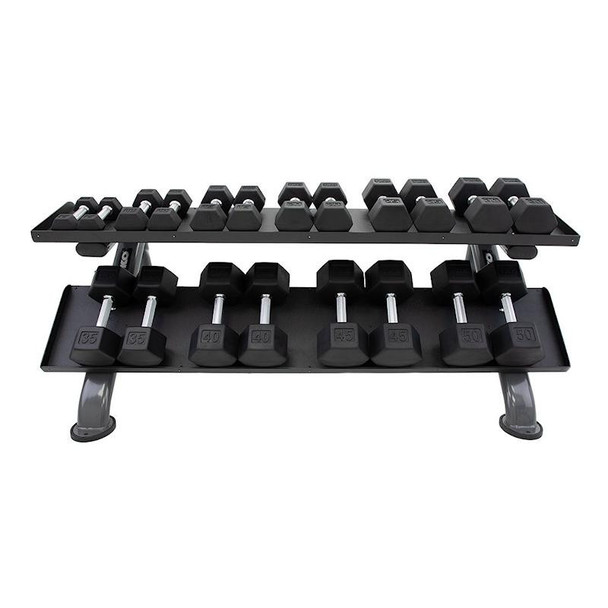 TKO 5-50 lb Rubber Hex Dumbbells w/ Rack - Front View
