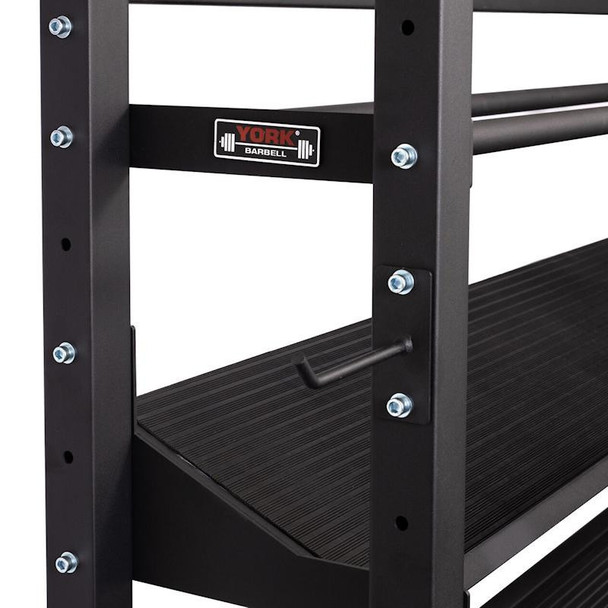 York Barbell Free Weight Storage Station Showing Shelves and Plate Pegs