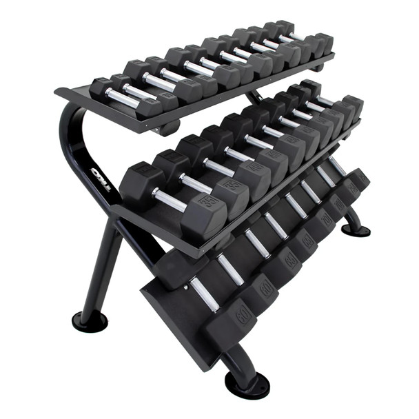TKO 5-75 lb Rubber Hex Dumbbells w/ Rack - Side View