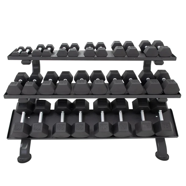 TKO 5-75 lb Rubber Hex Dumbbell Set with Three-Tier Shelf Rack