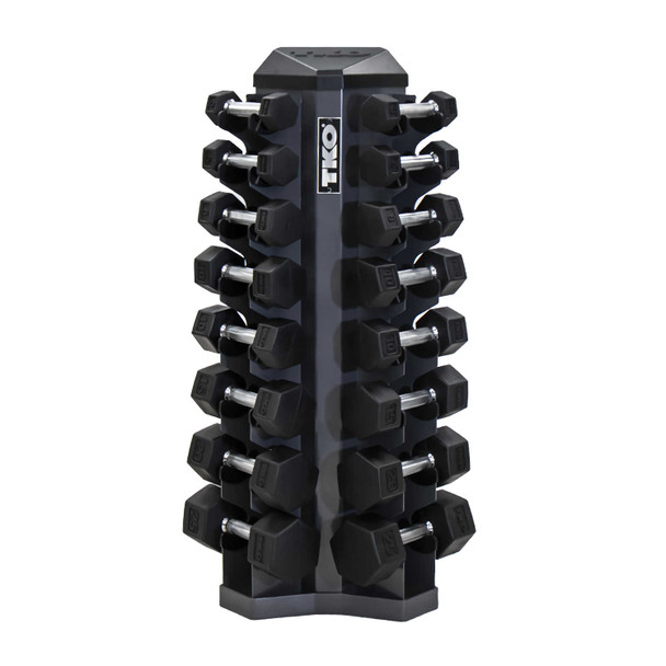 TKO 3-25 lb Rubber Hex Dumbbells & Rack