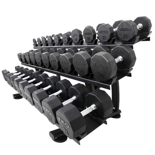 TKO (7052B-BK) 3-Tier Saddle Dumbbell Rack - Loaded with Weights - Side View