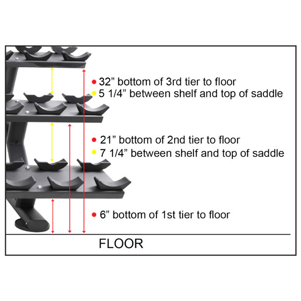 TKO (7052B-BK) 3-Tier Saddle Dumbbell Rack - Tier Height Measurements