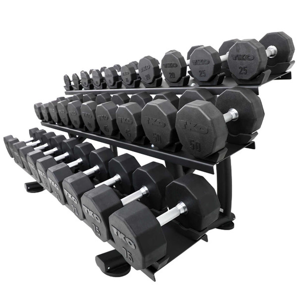 TKO 10-Sided Rubber Dumbbells & 3-Tier Rack - Side View