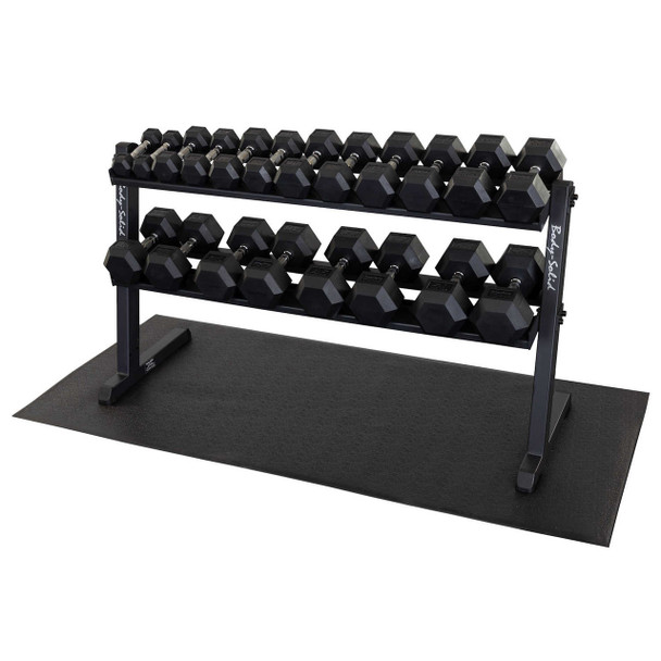 Body-Solid 5-50 lb Rubber Hex Dumbbells & Rack