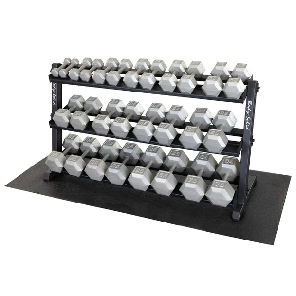 Body-Solid 5-70 lb Cast Iron Hex Dumbbell Set & 3-Tier Rack