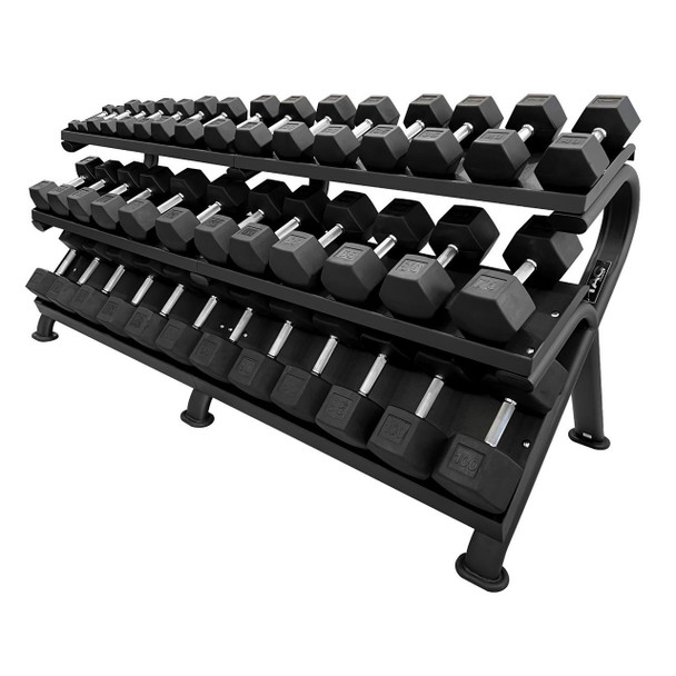 TAG Fitness Rubber Hex Dumbbell Set w/ Rack
