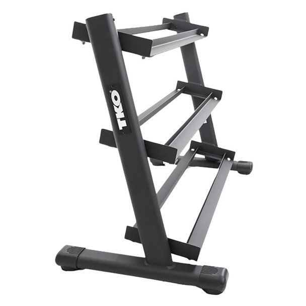 TKO 5-50 lb Rubber Hex Dumbbell Set & Rack - 3- Tier Dumbbell Rack Side View