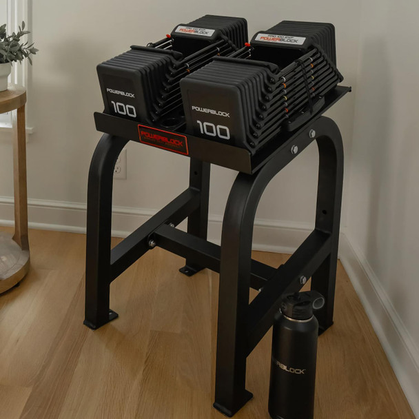 Powerblock Dumbbell Rack with Optional Weights in Home Exercise Room