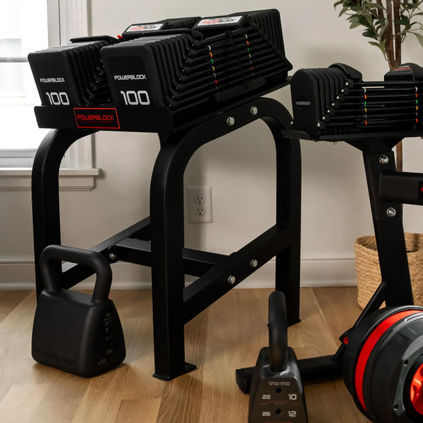 Powerblock Home Rack Stand with Optional Equipment in Home Fitness Room