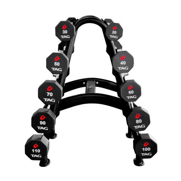 TAG Fitness (20-110 lb) 8-Sided Urethane Barbells w/ Optional Rack Side View