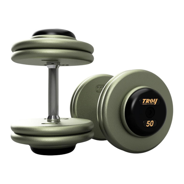 Troy Gray Pro-Style Dumbbell Set w/ Rack - Black End Caps and Straight Handles