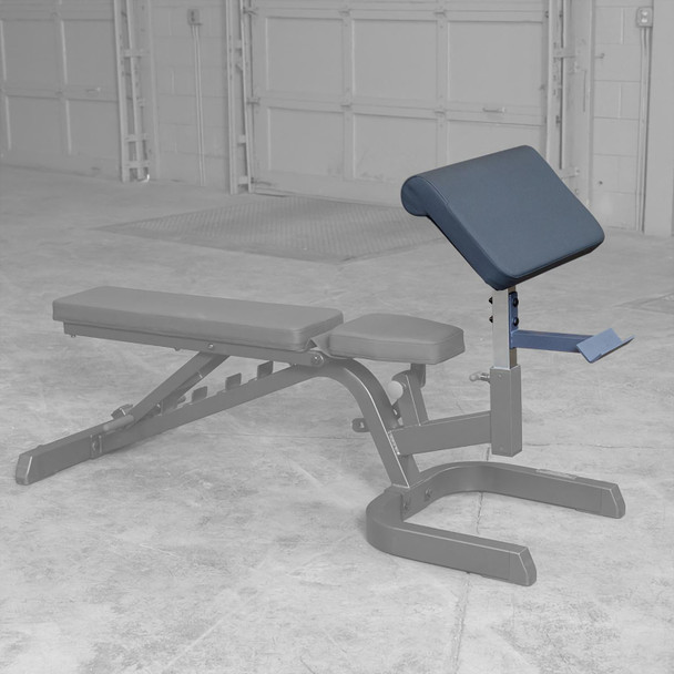 Body-Solid (GPCA1) Preacher Curl Attachment on Weight Bench in Garage Gym