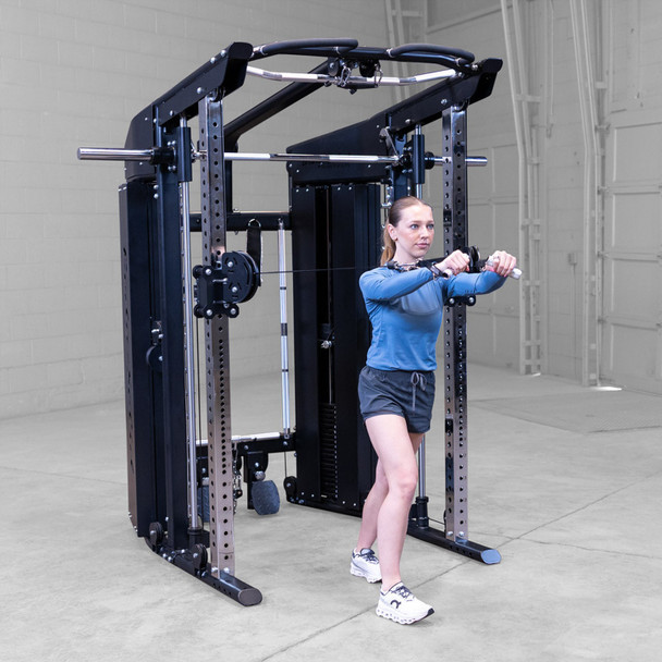 Body-Solid Dual-Stack Cable System During Standing Chest Press