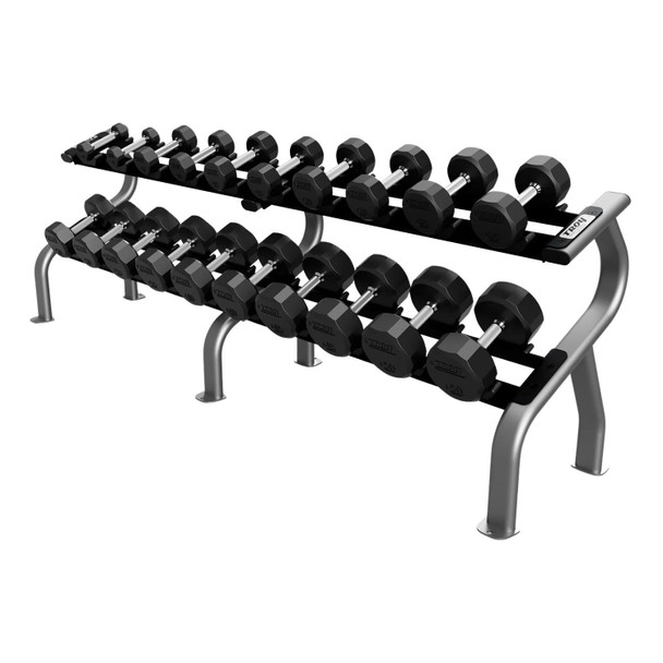 Troy 12-Sided Rubber-Coated Dumbbells with Silver Rack