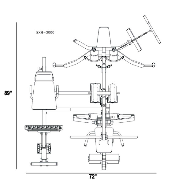 Body-Solid (EXM3000LPS) Commercial Multi-Gym - Floor Space Dimensions