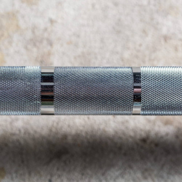 York Barbell Olympic Training Bar Showing Knurl Pattern and Grip Markers