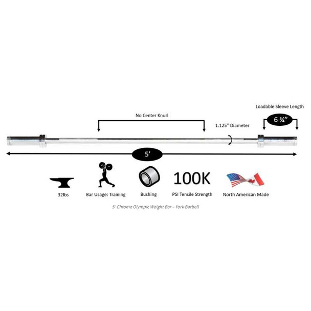 York (32115) 5' Hard Chrome Olympic Bar - Dimensions & Specifications