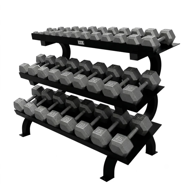 Troy VTX 5-75 lb Cast Iron Hex Weight Set with Three-Tier Storage Rack