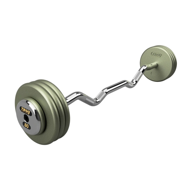 Troy 80 lb Gray Cast Iron Fixed Barbell w/ EZ Curl Bar and Chrome End Caps