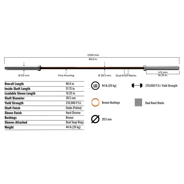 Troy VTX (GOB-1800) Men's Olympic Bar - Dimensions & Specifications