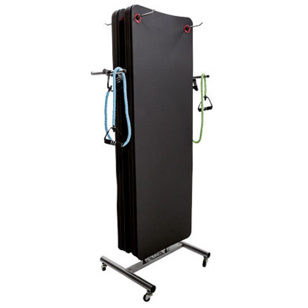 TAG Fitness Exercise Mat Rack on Wheels - Pictured with Optional Foam Mats and Bands