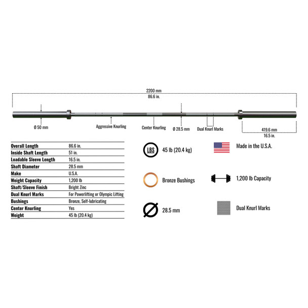 Troy (AOB-2000T) 7' Olympic Power Bar - Dimensions & Specifications