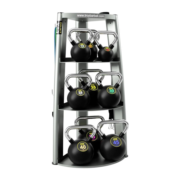 Troy VTX (10-50 lb) Rubber-Coated Kettlebell Set & Vertical Rack - Right Angled View