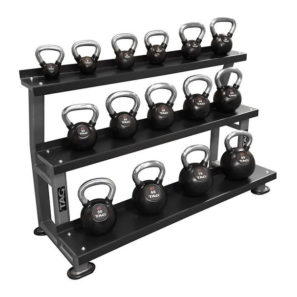 TAG Fitness 5-80 lb Rubber Kettlebell Set & Rack Full Run on Three-Tier Stand