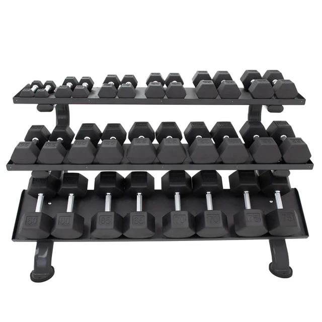 TKO (5-75 lb) Rubber Hex Dumbbells w/ Rack