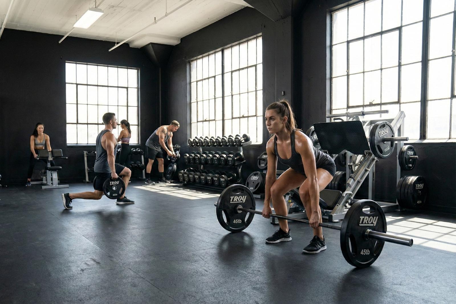 People Exercising with Urethane Weight Plates in Gym