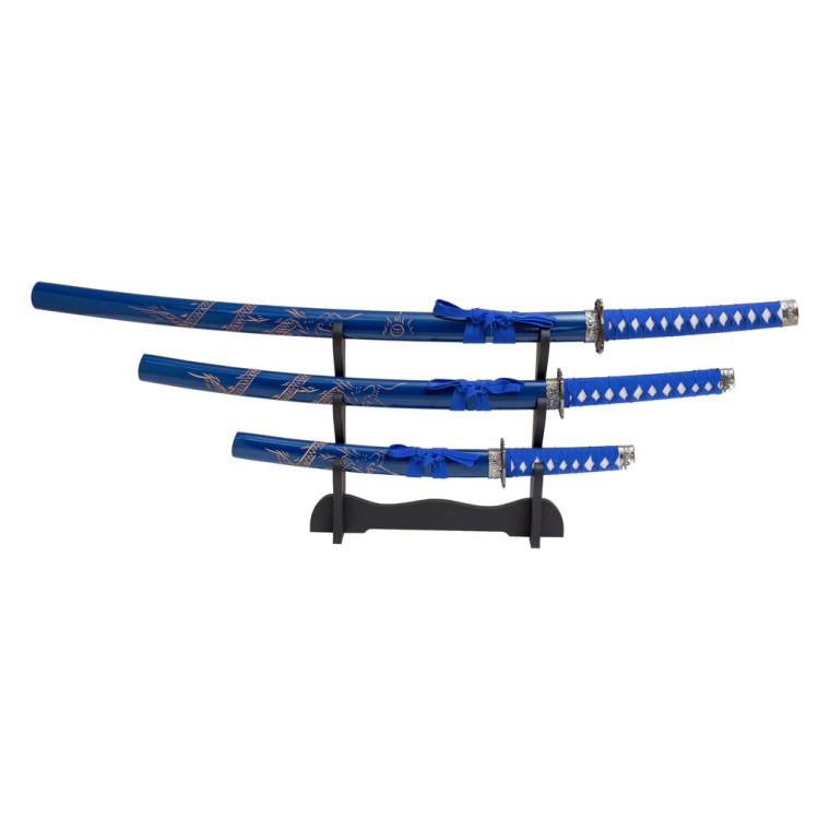 Carved Dragon Samurai Sword Set - Blue