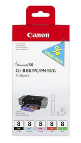 Canon CLI8 0620B027 Genuine Multipack, Black, Photo Cyan, Cyan, Photo Magenta, Magenta, Green, Red Ink Cartridge