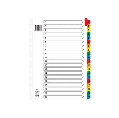 Index Dividers 1-20 A4 Multi Colour Numbered Tabs White