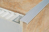 Aluminium tile-in stair nosing with grooved tread to ensure non-slip surface.